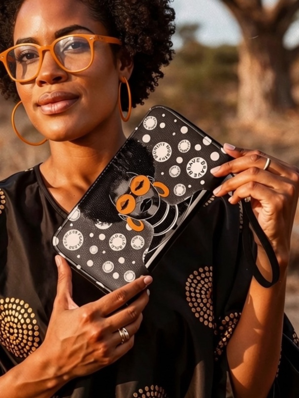 Afroyla Fahari Wallet in Black Vegan Leather Orange Earrings & Glasses